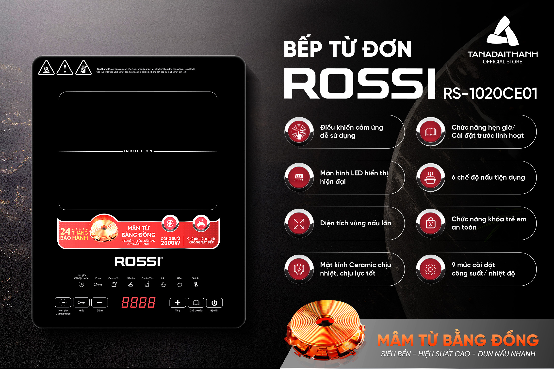 Tính năng bếp từ đơn bếp từ Rossi RS-1020CE01
