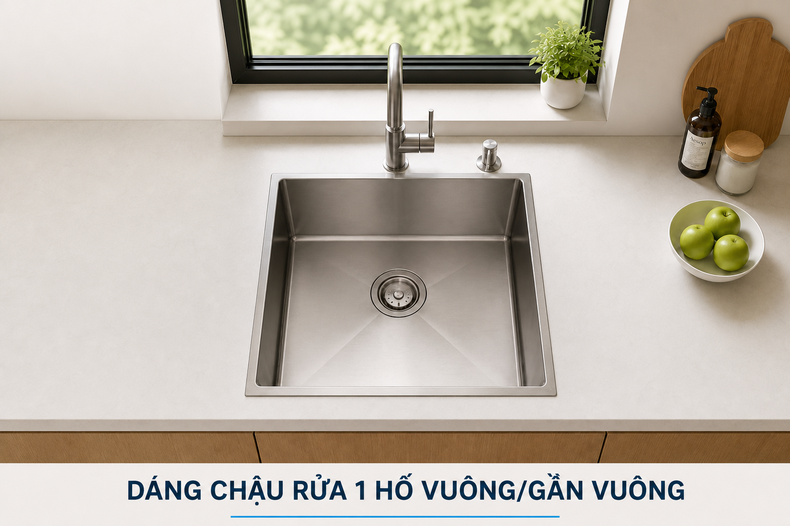 Chậu dáng vuông tạo bố cục gọn gàng và tiết kiệm chiều dài mặt bàn