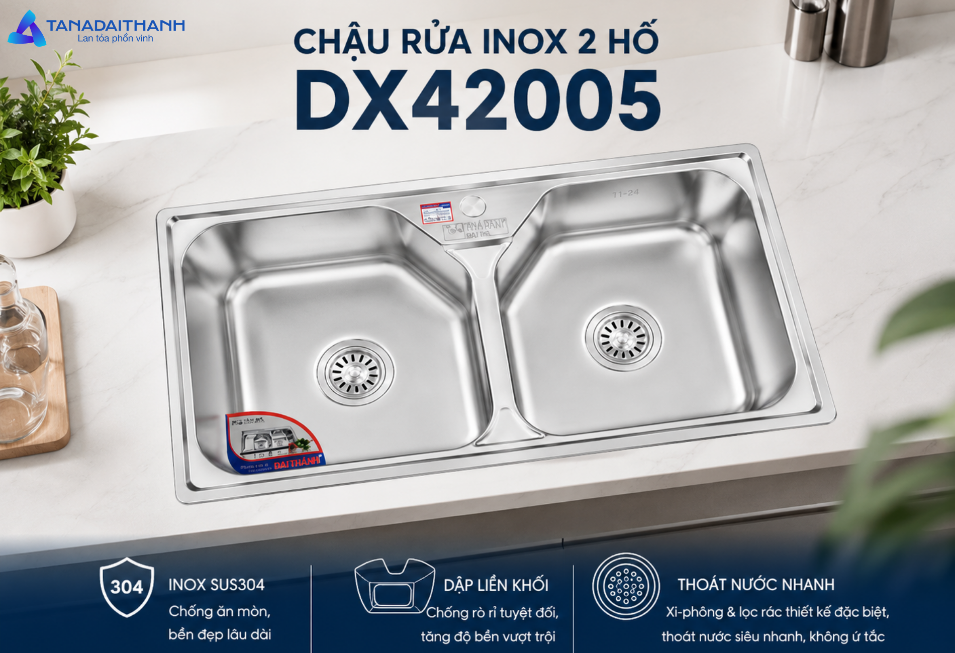 DX42005 kết hợp hai hố riêng biệt, kết cấu liền khối và hệ thống thoát nước thuận tiện