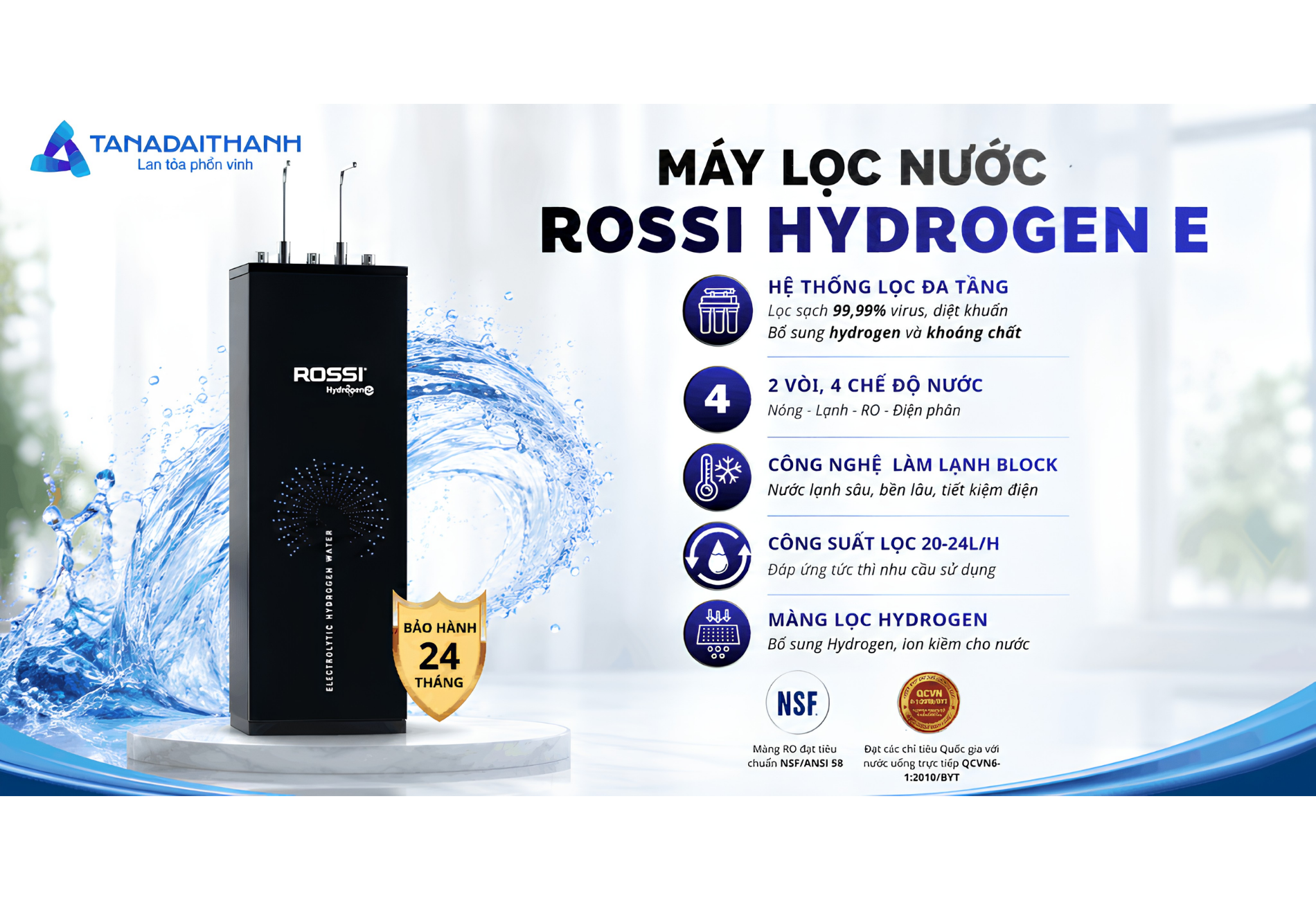 Máy lọc nước ion kiềm Rossi Hydrogen E TA-112SH1 tạo khác biệt với công nghệ điện phân và nước ion kiềm