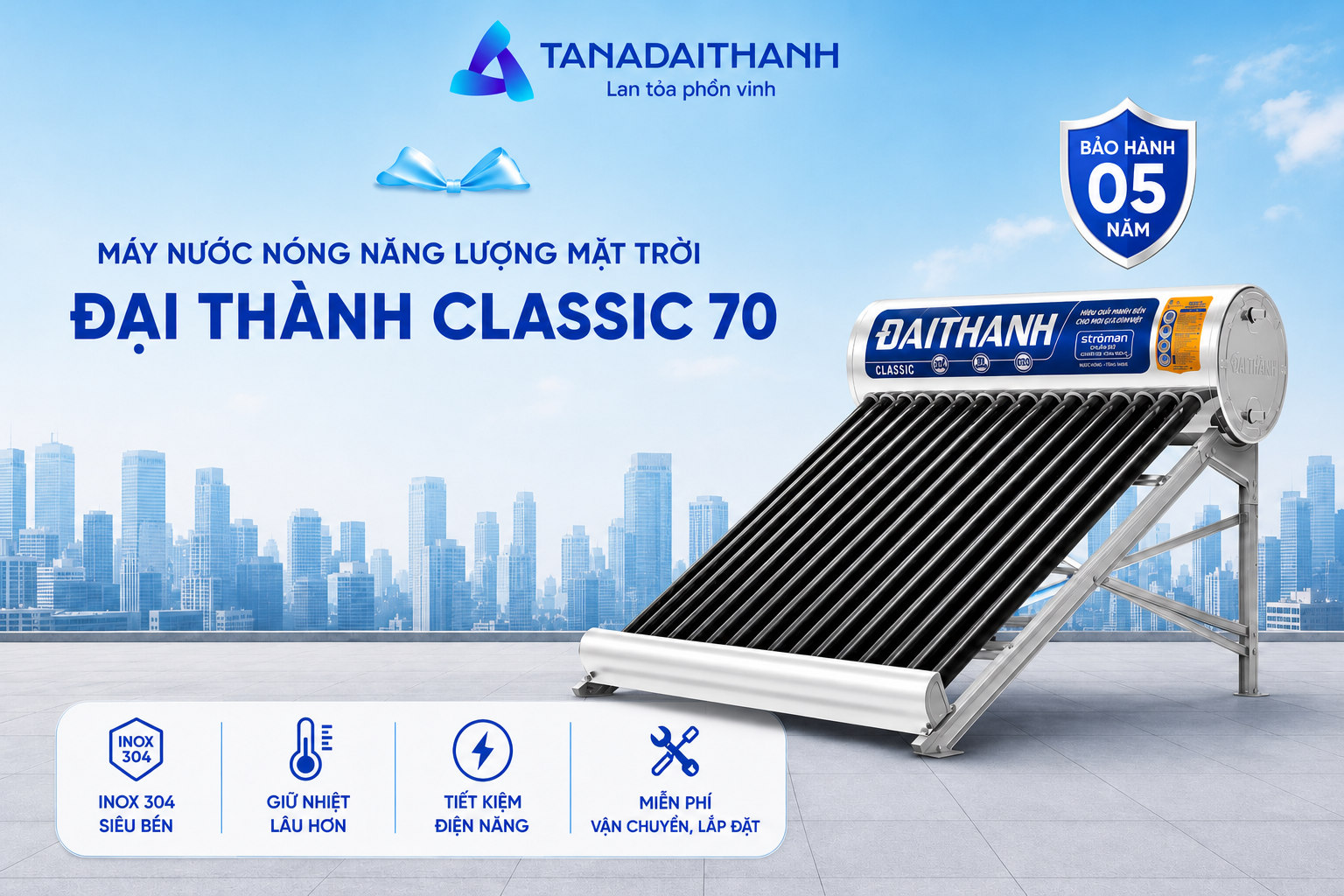 Đại Thành Classic 70 sử dụng ống thu nhiệt Ø70, giúp tăng khả năng hấp thụ nhiệt và đáp ứng nhu cầu nước nóng lớn hơn