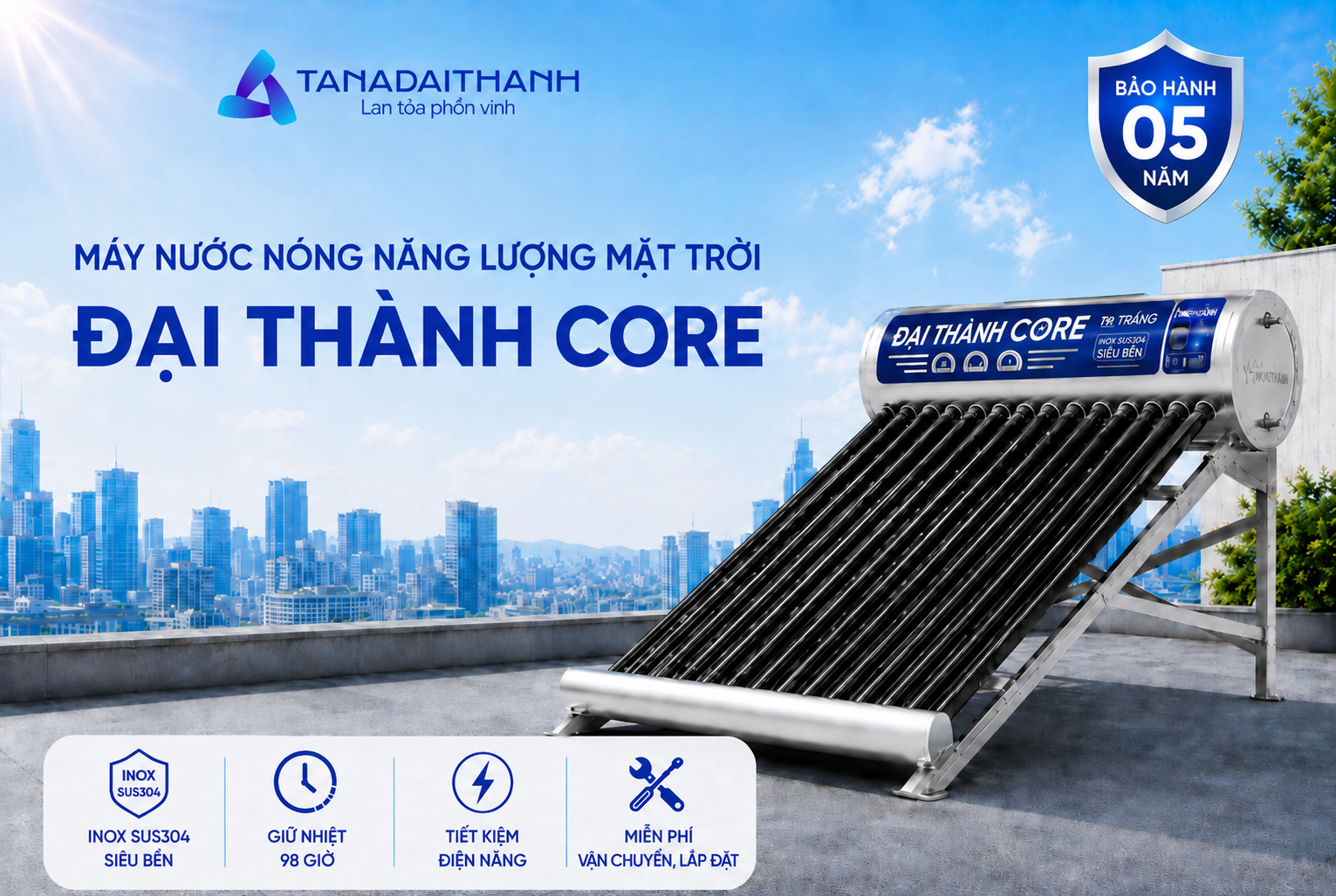 Máy nước nóng NLMT Đại Thành Core với thiết kế nhỏ gọn bảo đảm hiệu quả sử dụng