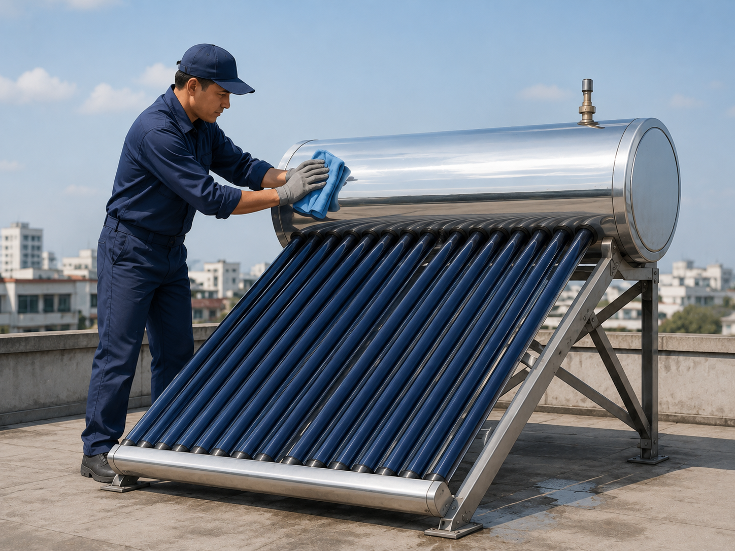 Người dùng chỉ vệ sinh lau rửa bên ngoài máy nước nóng năng lượng mặt trời