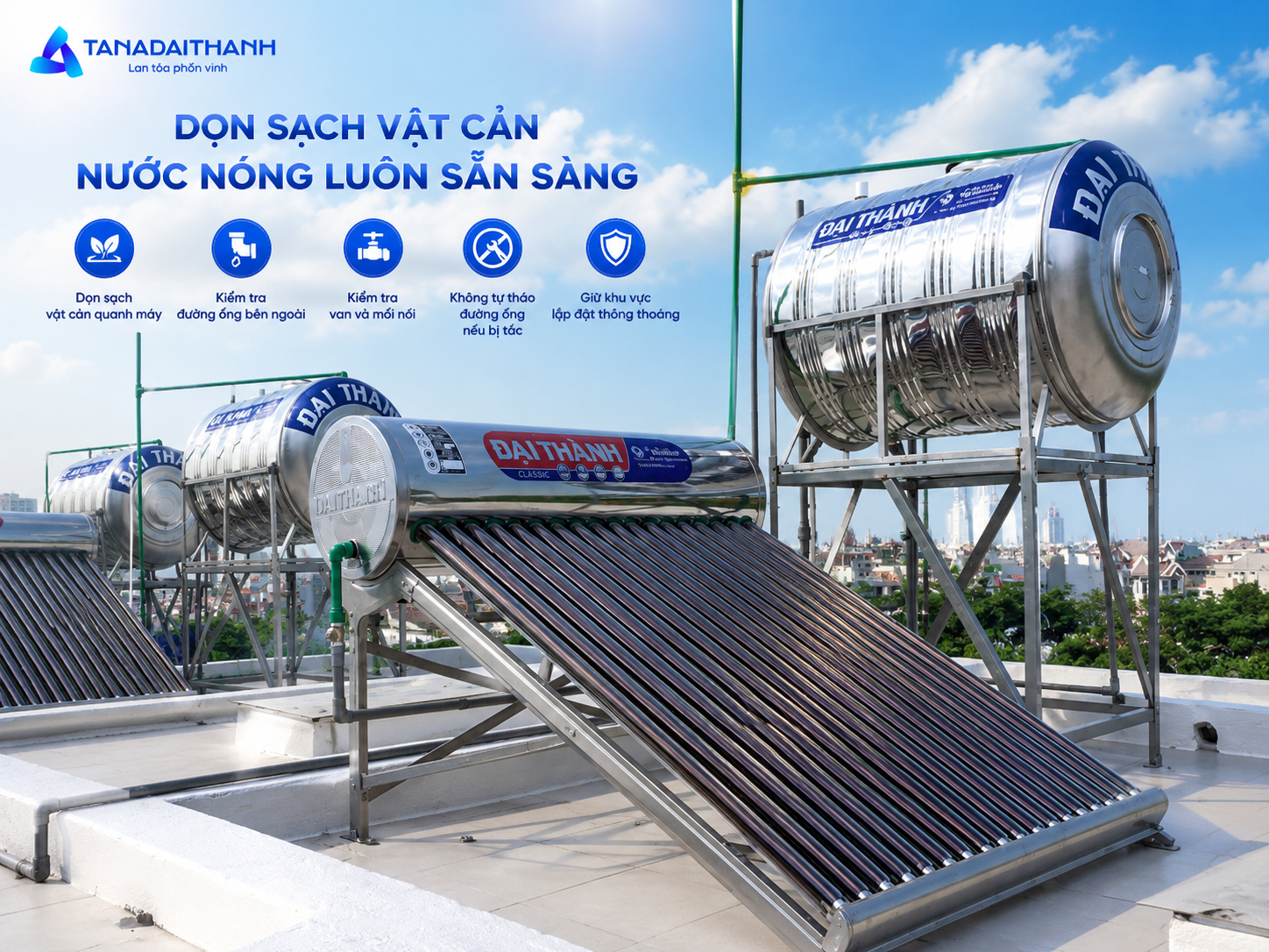 Khu vực lắp đặt thông thoáng giúp hệ thống nhận nắng tốt hơn và dễ phát hiện sự cố đường ống