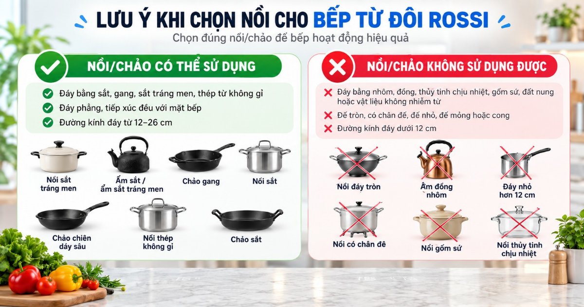 Lưu ý khi dùng bếp từ đôi Rossi