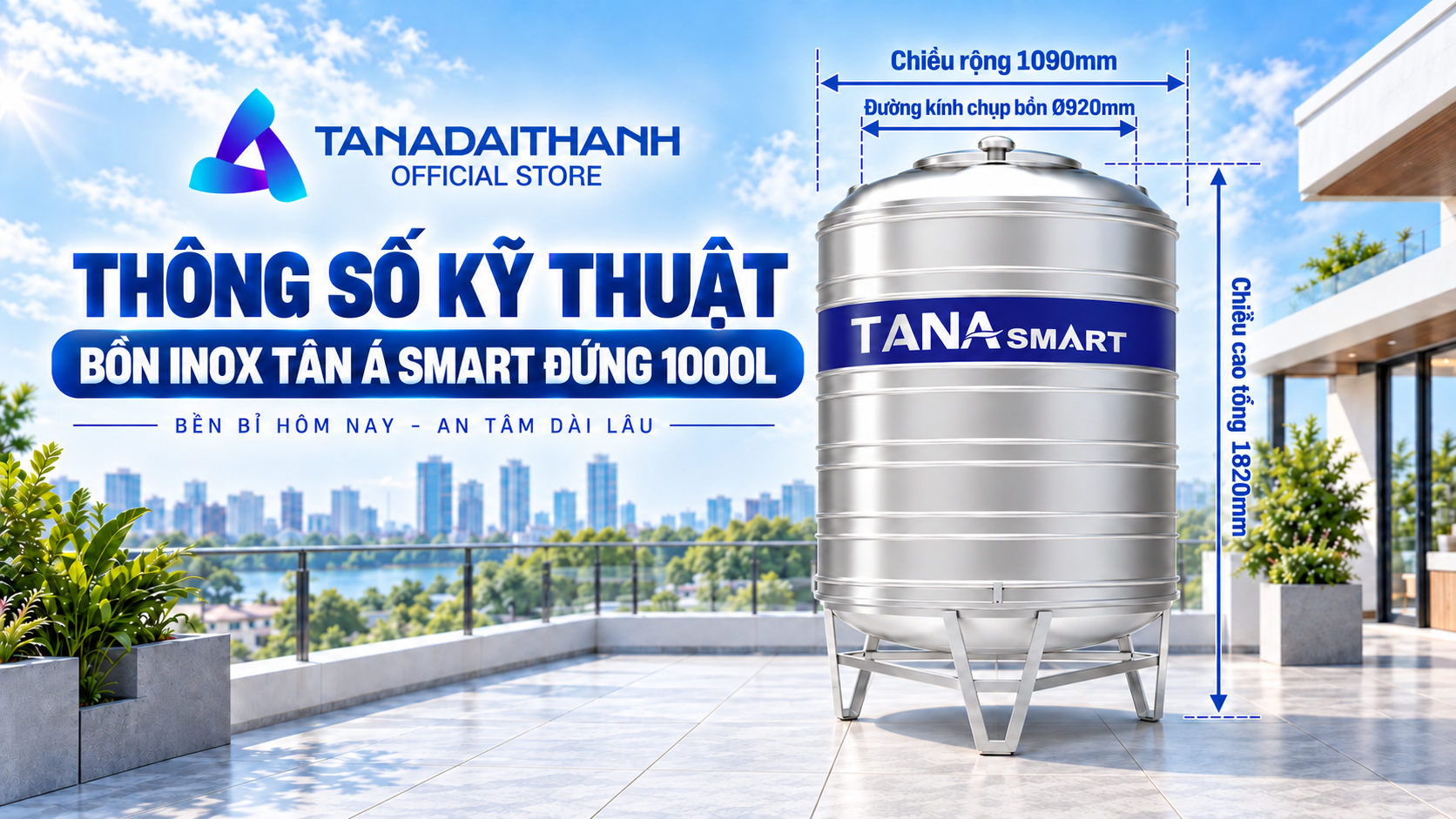 Bồn inox Tân Á Smart 1000L đứng