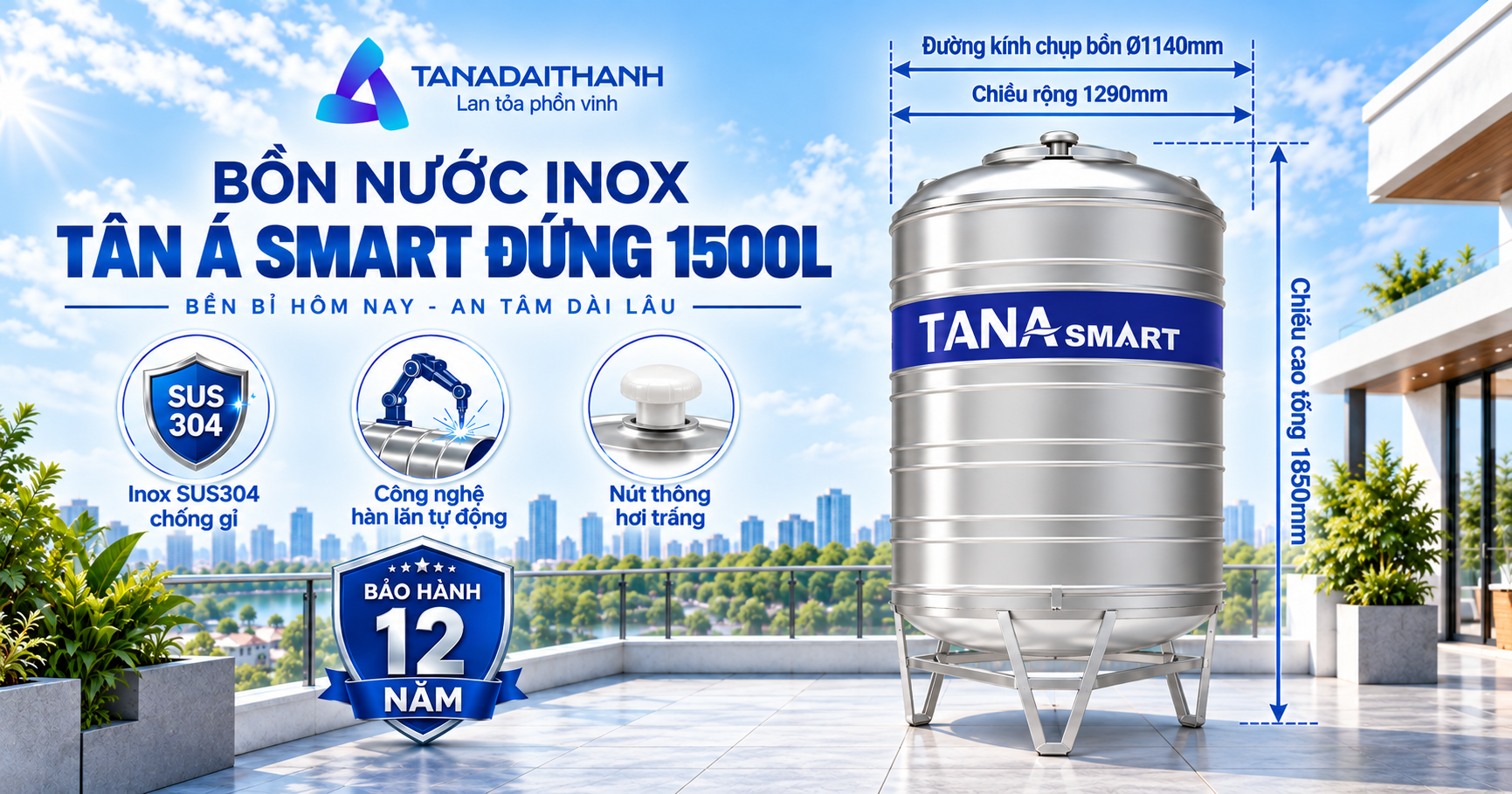 Bồn inox Tân Á Smart 1500L đứng
