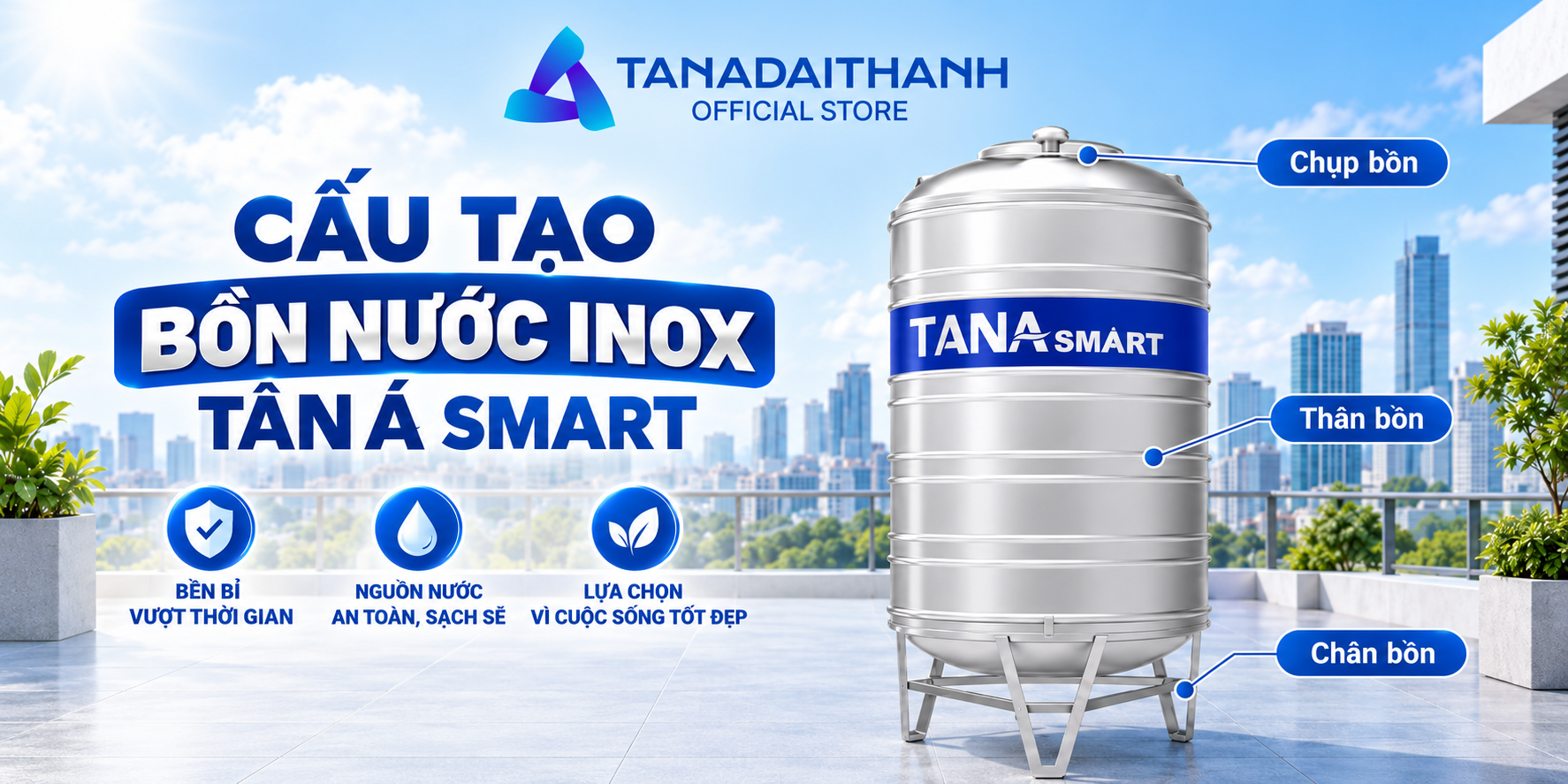 Bồn nước inox Tân Á Smart 2000L đứng
