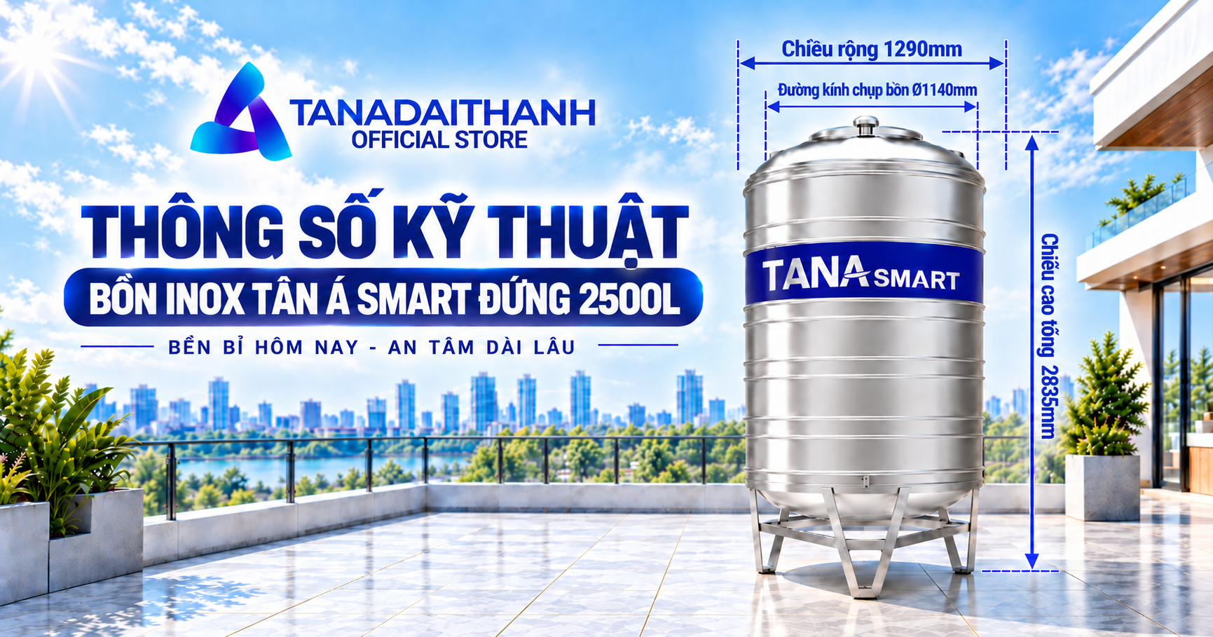 Bồn nước inox Tân Á Smart 2500l đứng