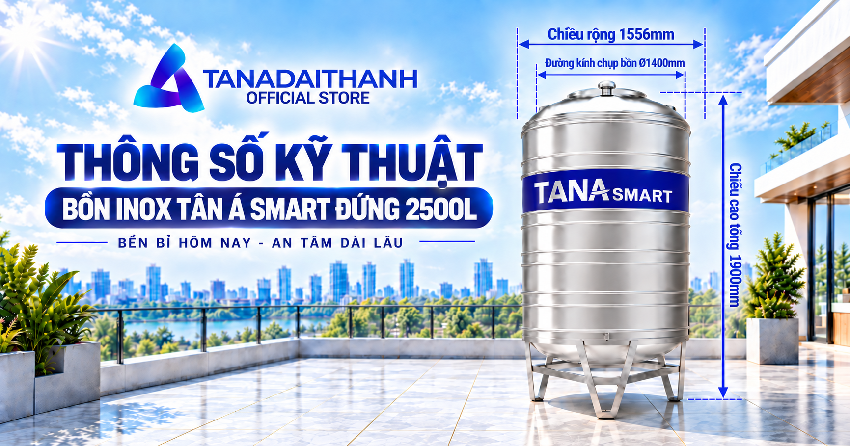 Bồn nước inox Tân Á Smart 2500l đứng