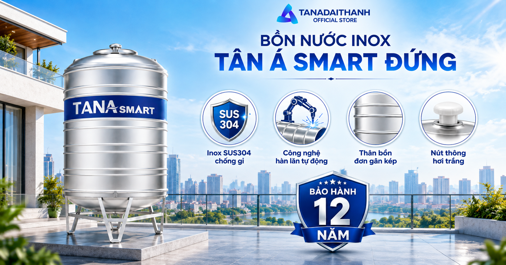 Bồn nước inox Tân Á Smart 3000l đứng