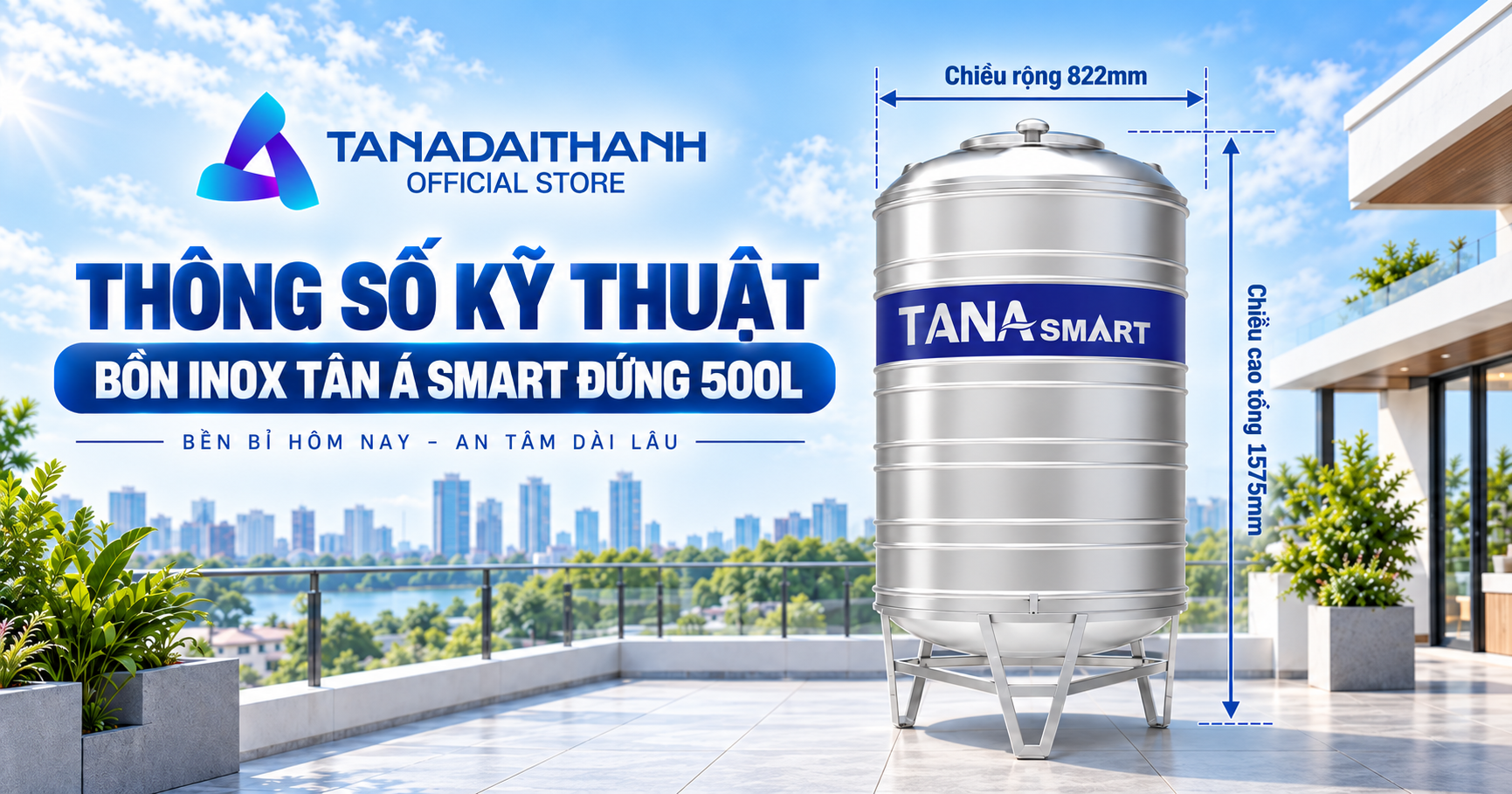 Bồn inox Tân Á Smart 500L đứng