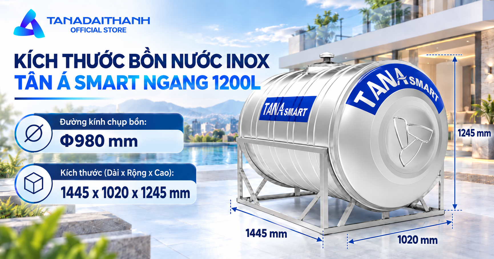 Bồn nước inox Tân Á Smart 1200l ngang