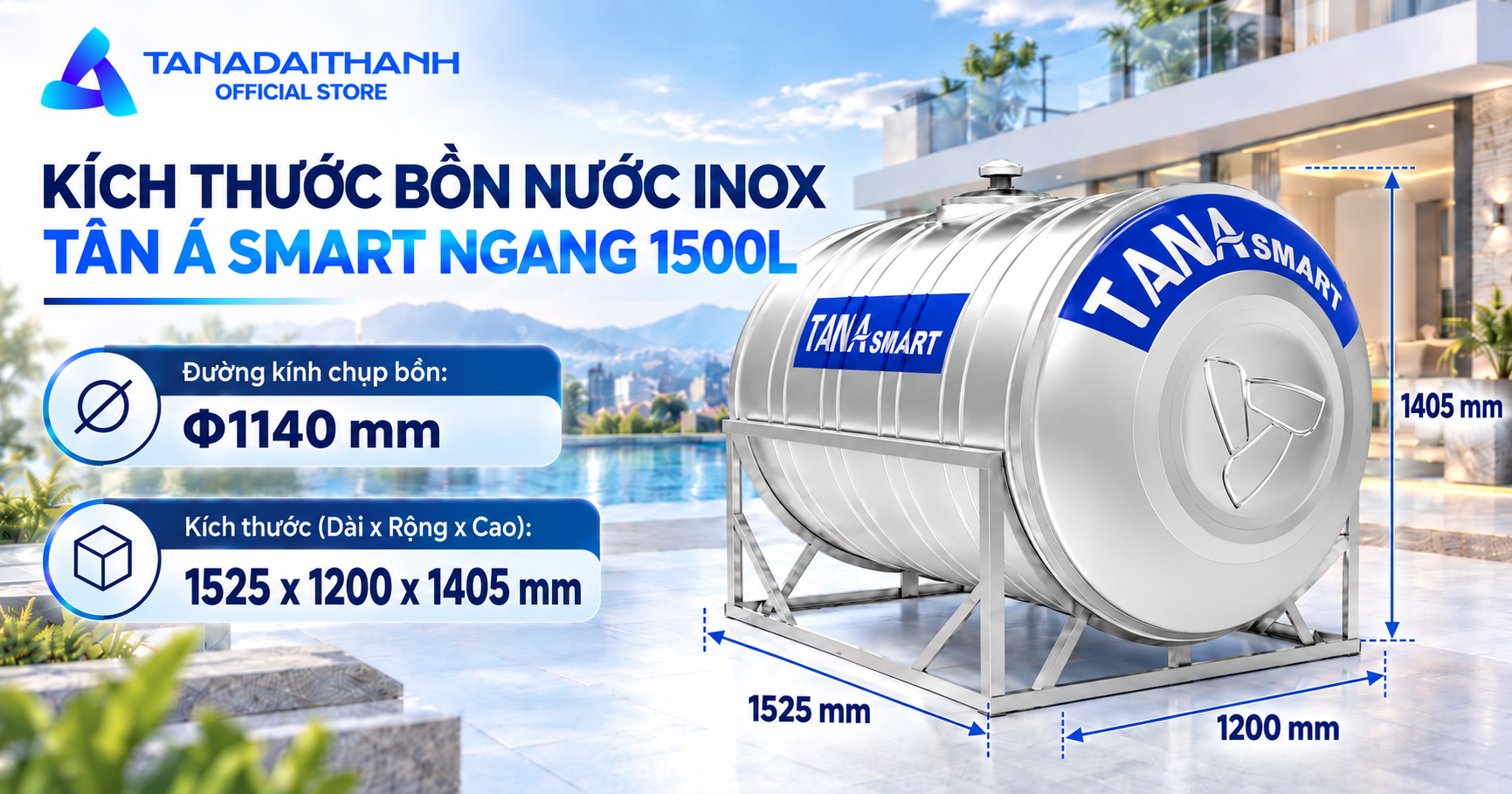 Bồn nước inox Tân Á Smart 1500l ngang