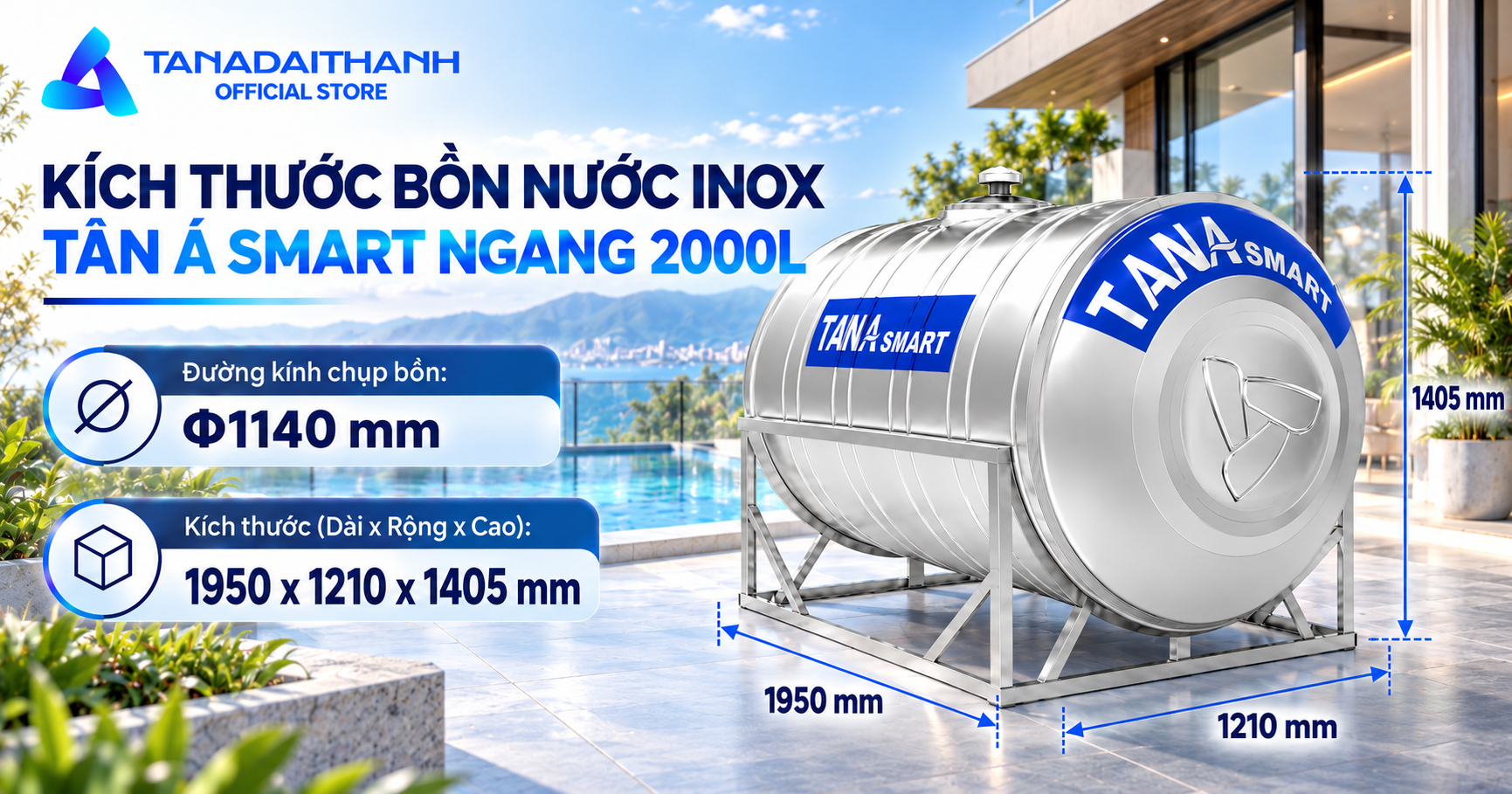 Bồn nước inox Tân Á Smart 2000l ngang