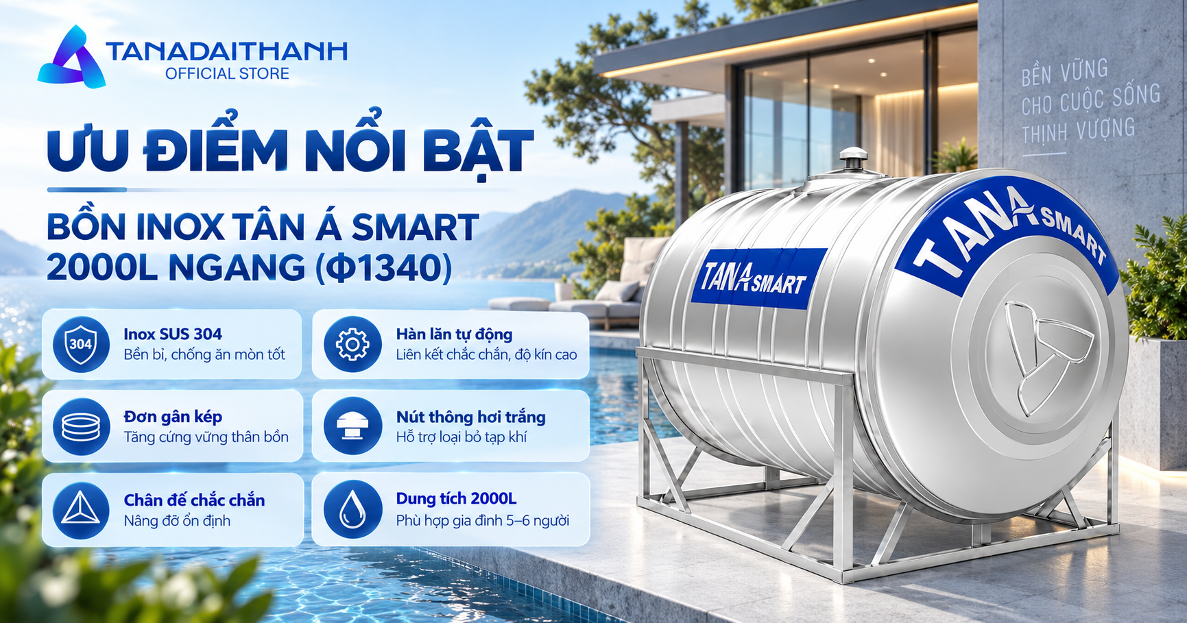 Bồn nước inox Tân Á Smart 2000l ngang