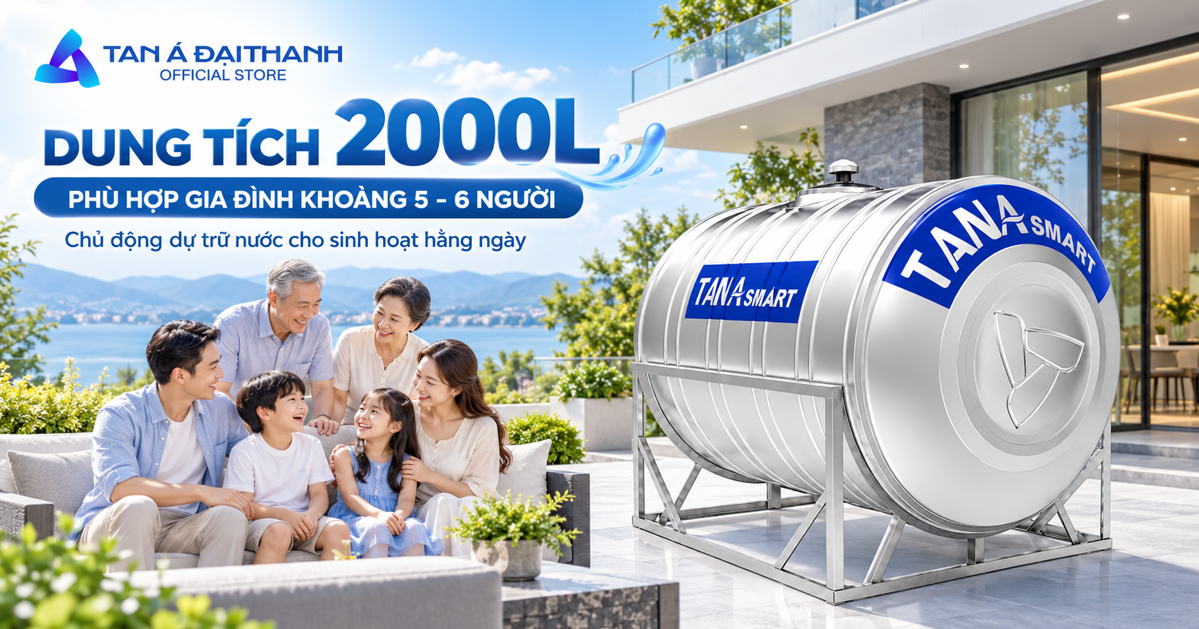 Bồn nước inox Tân Á Smart 2000l ngang