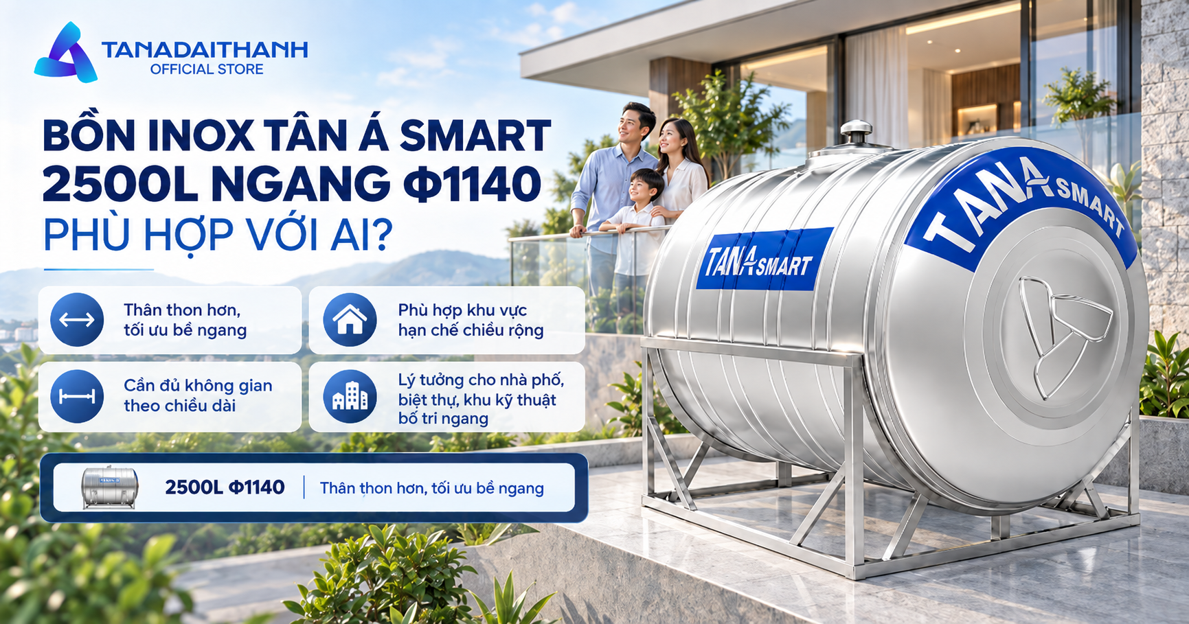 Bồn nước inox Tân Á Smart 2500l ngang