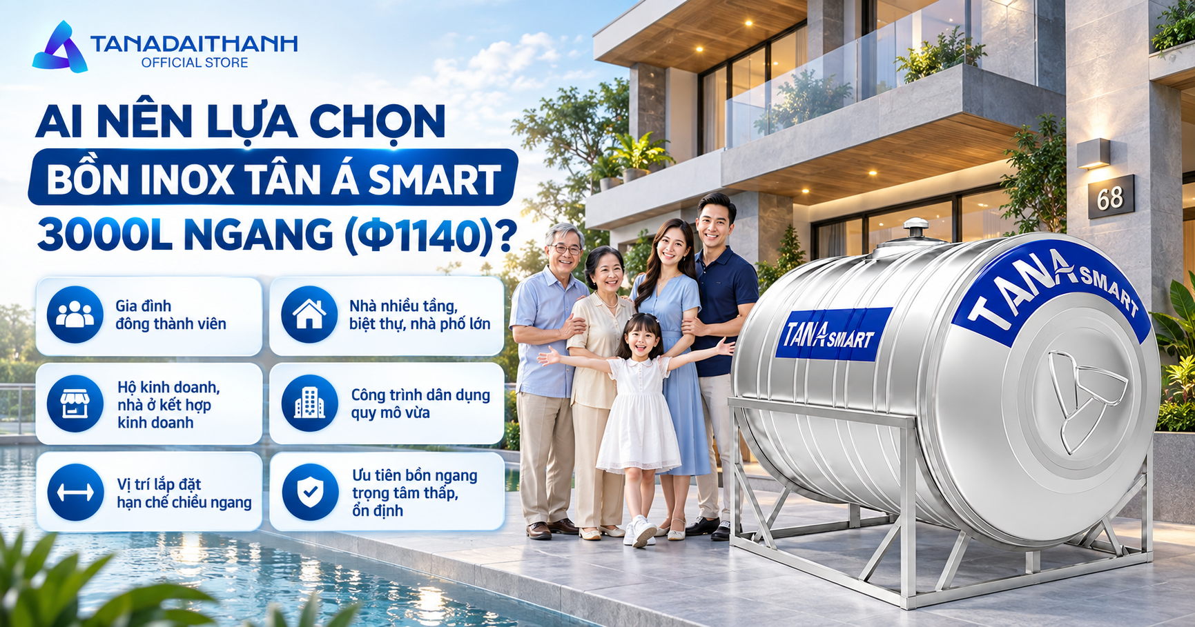 Bồn nước inox Tân Á Smart 3000l ngang