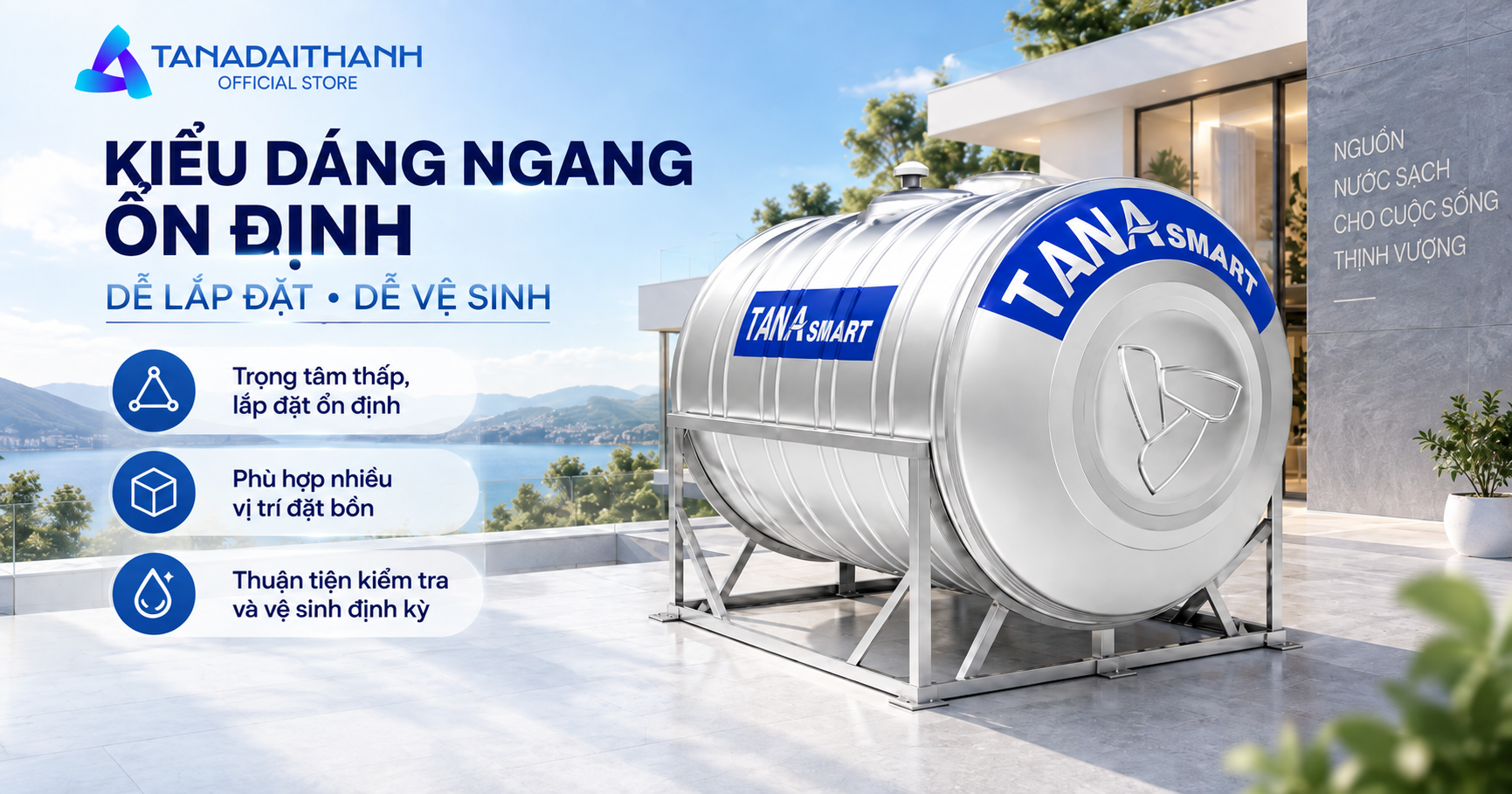 Bồn nước inox Tân Á Smart 3000l ngang
