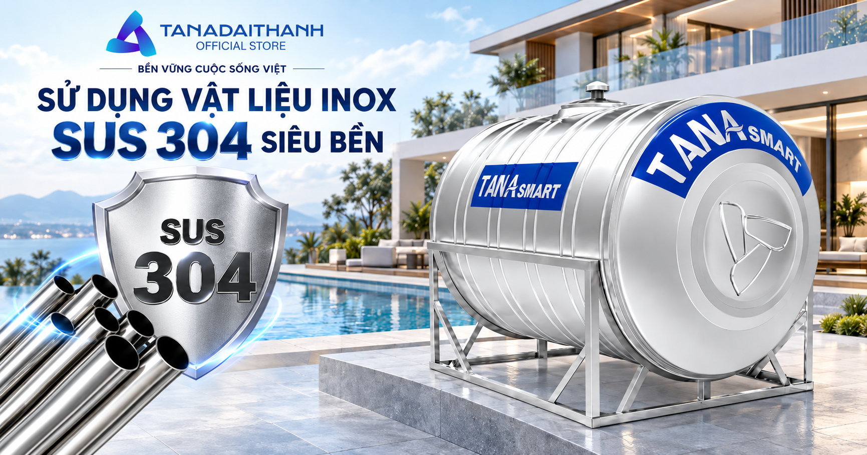 Bồn nước inox Tân Á Smart 500l ngang