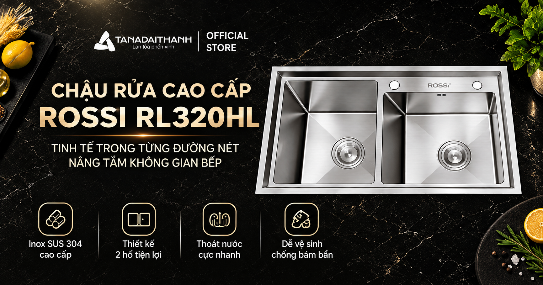 Chậu rửa inox 2 hố Rossi RL320HL