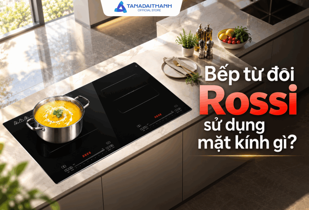 Bếp từ đôi Rossi sử dụng mặt kính gì?