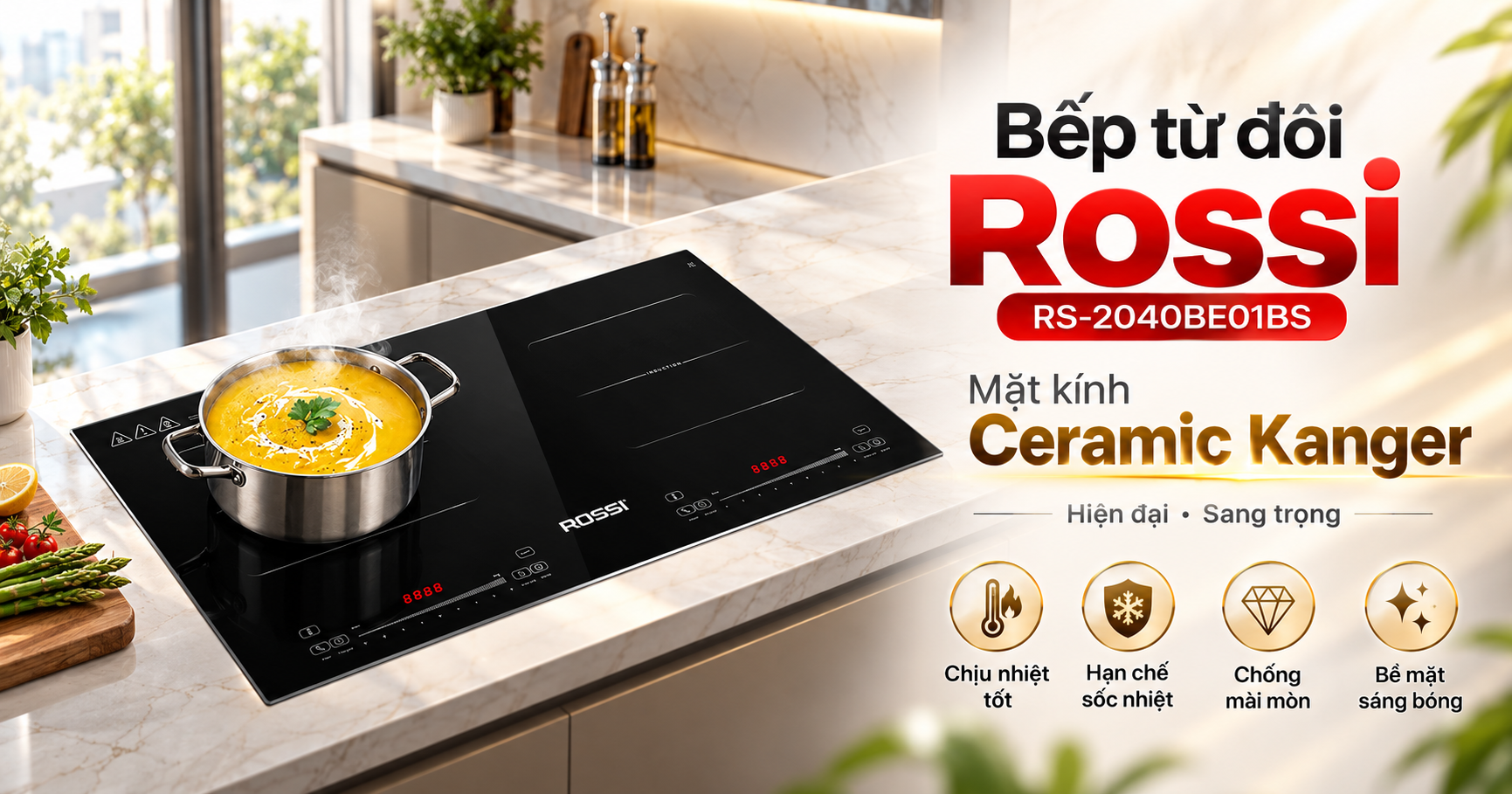 Bếp từ đôi Rossi sử dụng mặt kính gì?