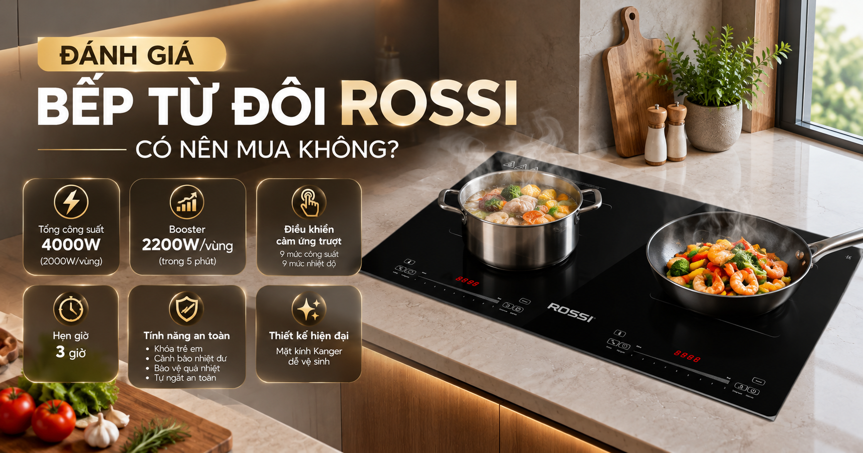 Bếp từ đôi Rossi sử dụng mặt kính gì?