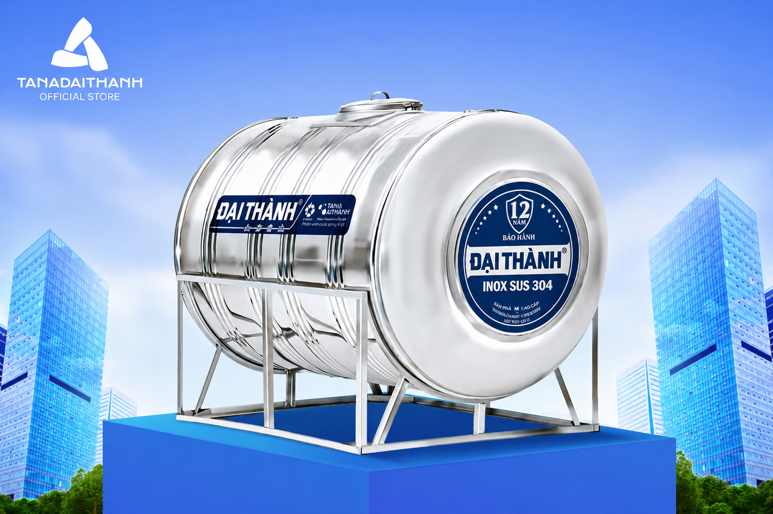 Bồn inox ngang có trọng tâm thấp, phù hợp khu vực rộng và nhu cầu dự trữ đa dạng