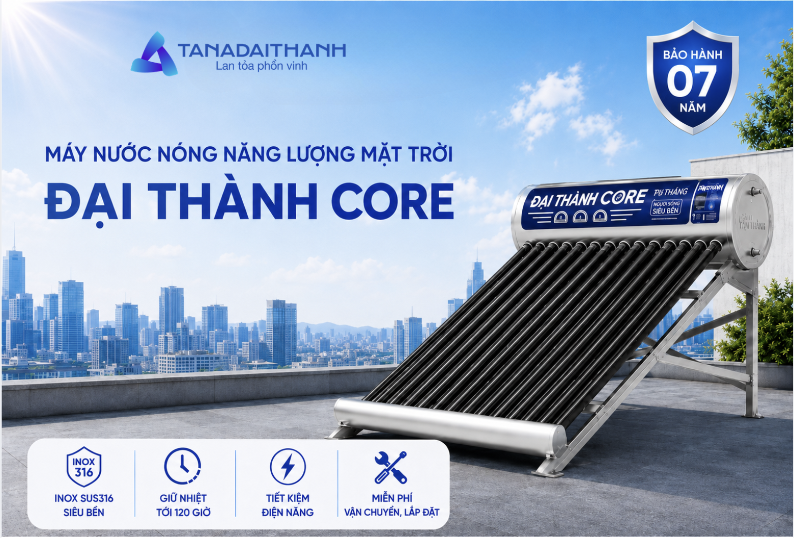 Bồn nước năng lượng mặt trời Đại Thành Core phù hợp với mái nhà có diện tích hạn chế