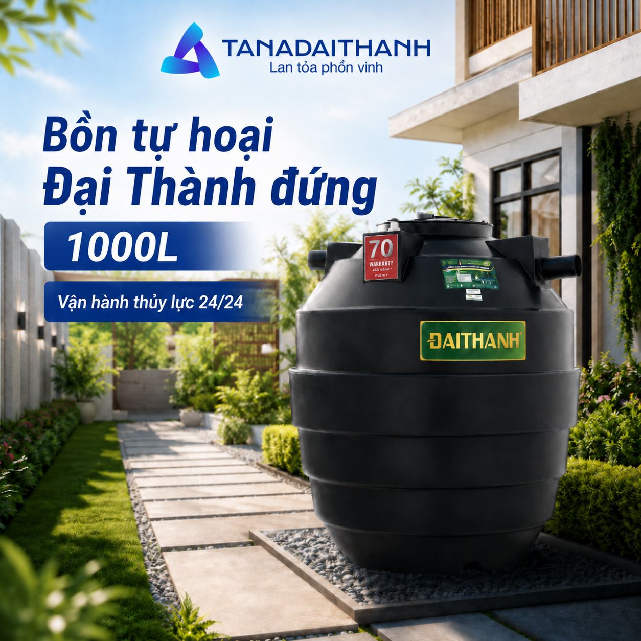 Bồn tự hoại Đại Thành đứng 1000L vận hành bằng thủy lực, không cần dùng điện cho quá trình vận hành thủy lực của bồn