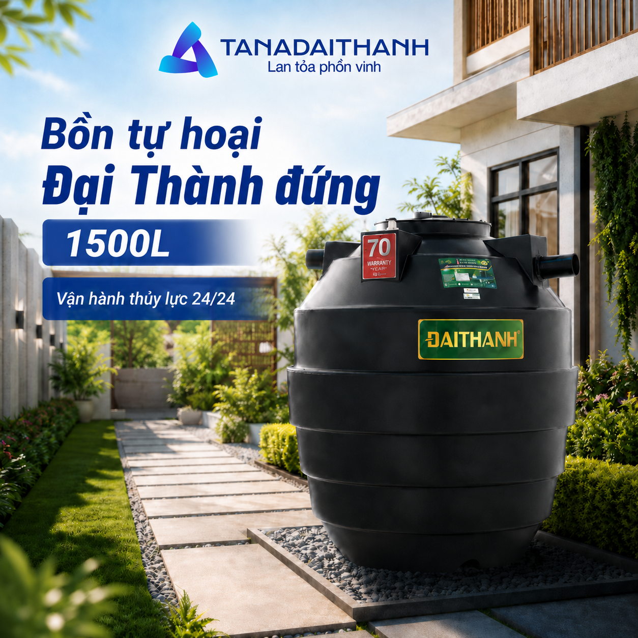 Bồn tự hoại Đại Thành đứng 1500L có kết cấu oval đa gân, hỗ trợ chịu áp lực khi chôn ngầm
