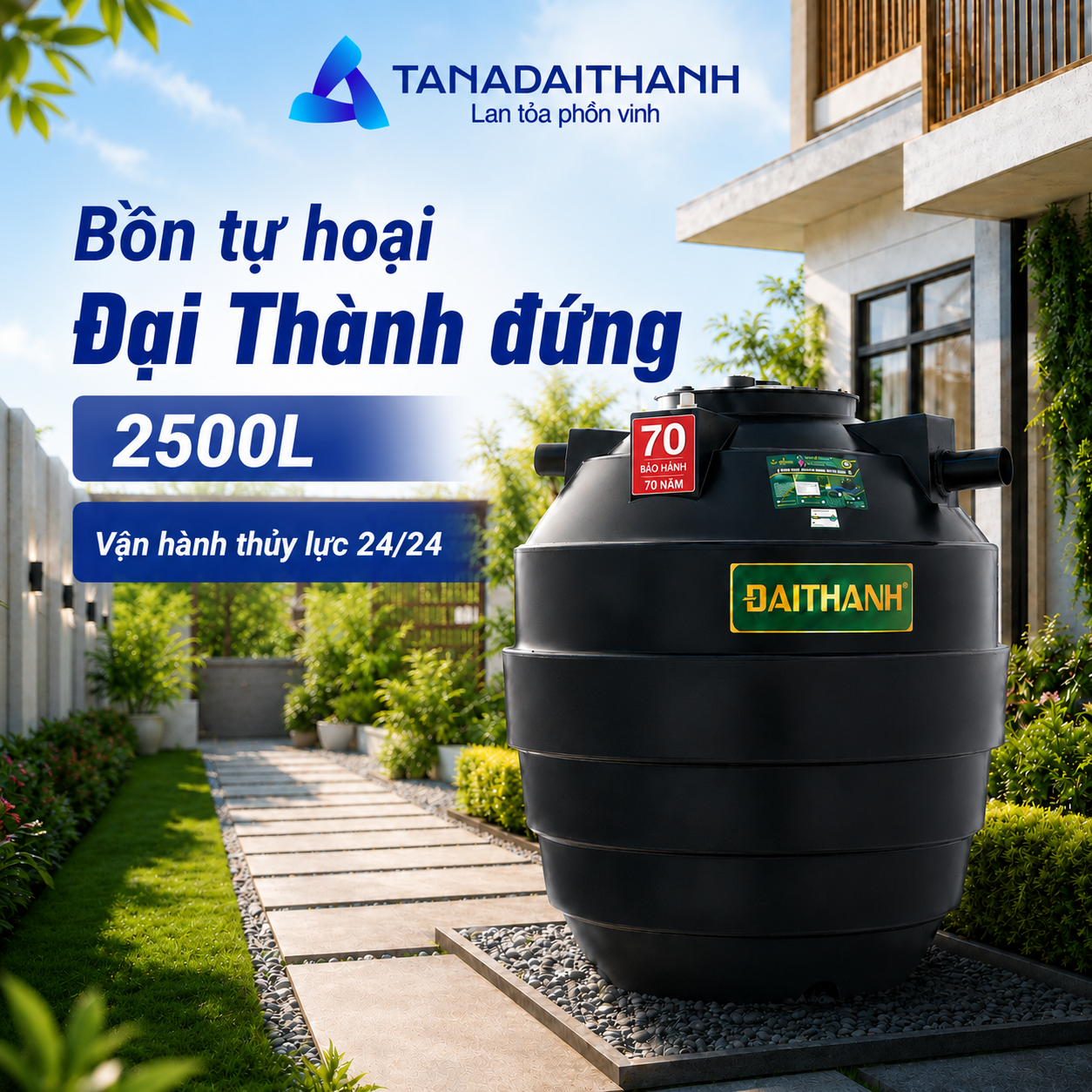 Bồn tự hoại Đại Thành đứng 2500L có dung tích lớn, phù hợp với công trình cần khả năng xử lý cao