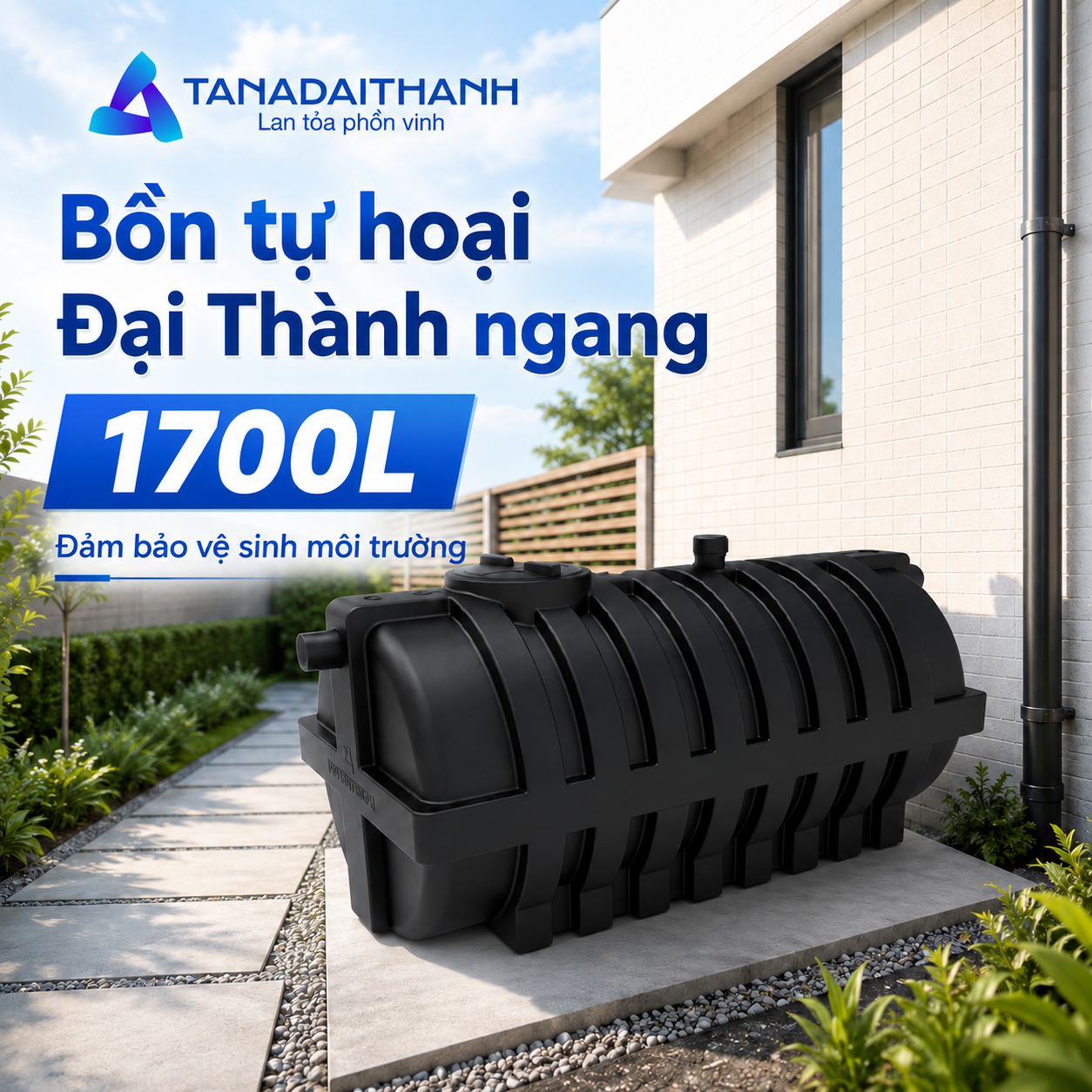 Bồn tự hoại Đại Thành ngang 1700L có thân thấp, phù hợp với khu vực hạn chế độ sâu hố đào