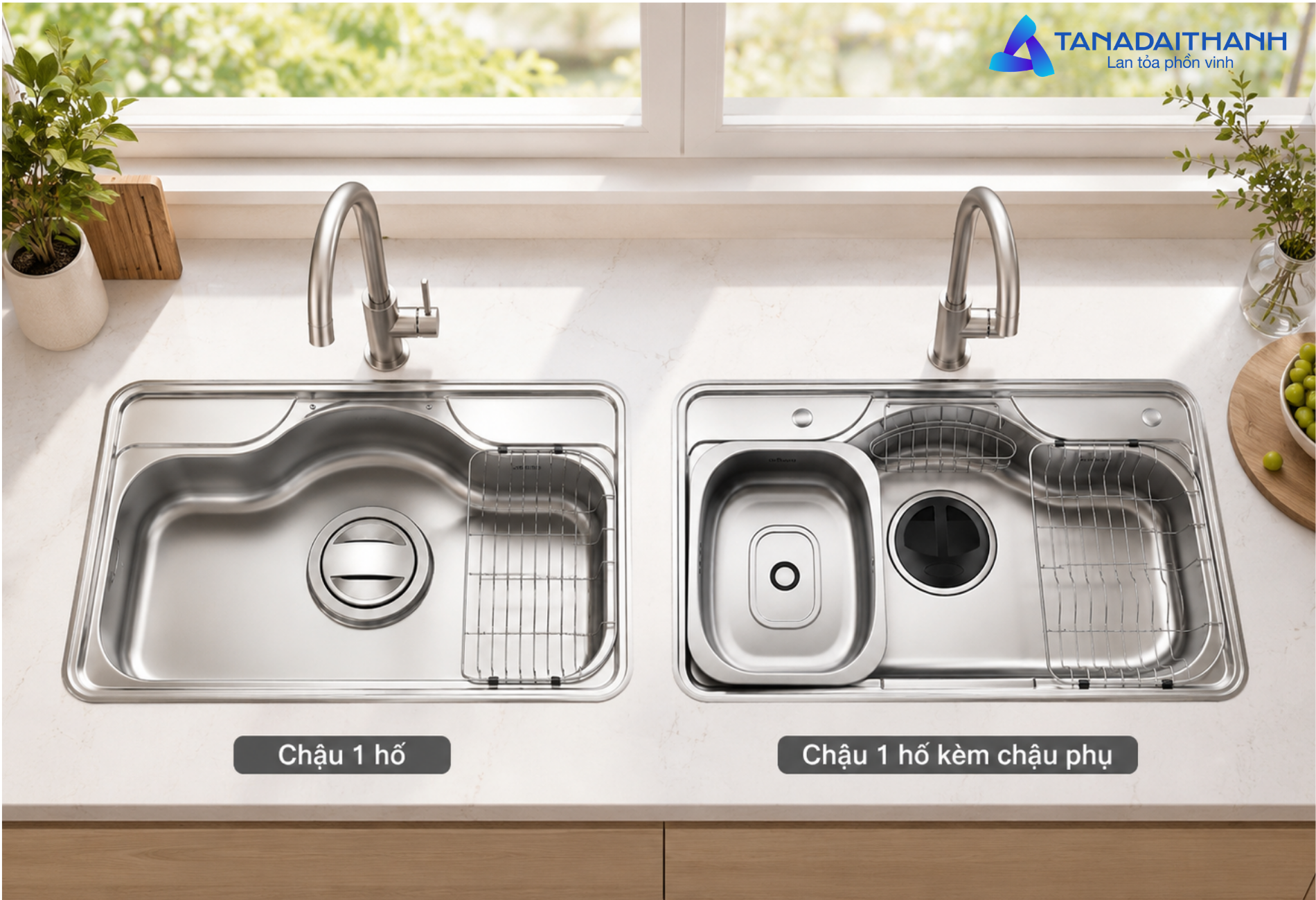 Chậu 1 hố cơ bản và chậu 1 hố kèm chậu phụ đáp ứng nhiều nhu cầu sử dụng