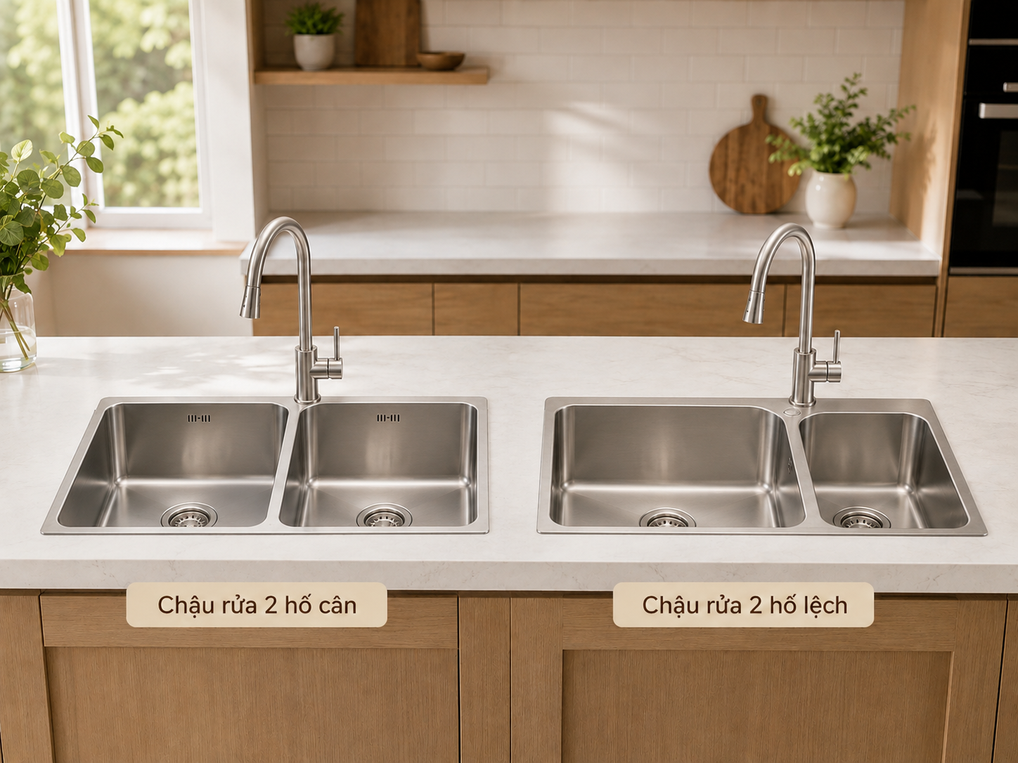 Chậu 2 hố cân và 2 hố lệch tạo nên những cách bố trí lòng chậu khác nhau