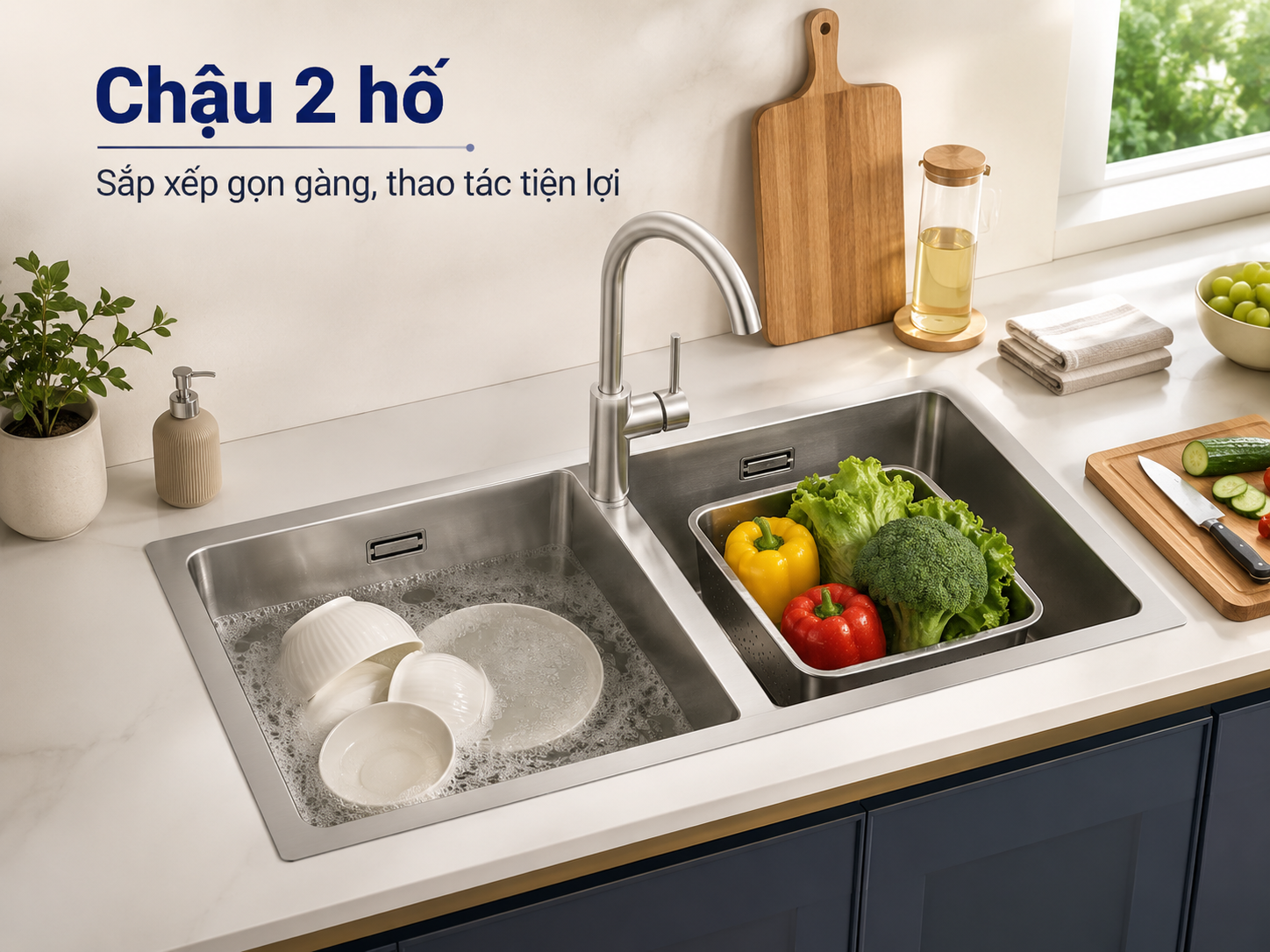 Hai lòng chậu giúp sắp xếp công việc bếp gọn gàng và tiết kiệm thời gian hơn