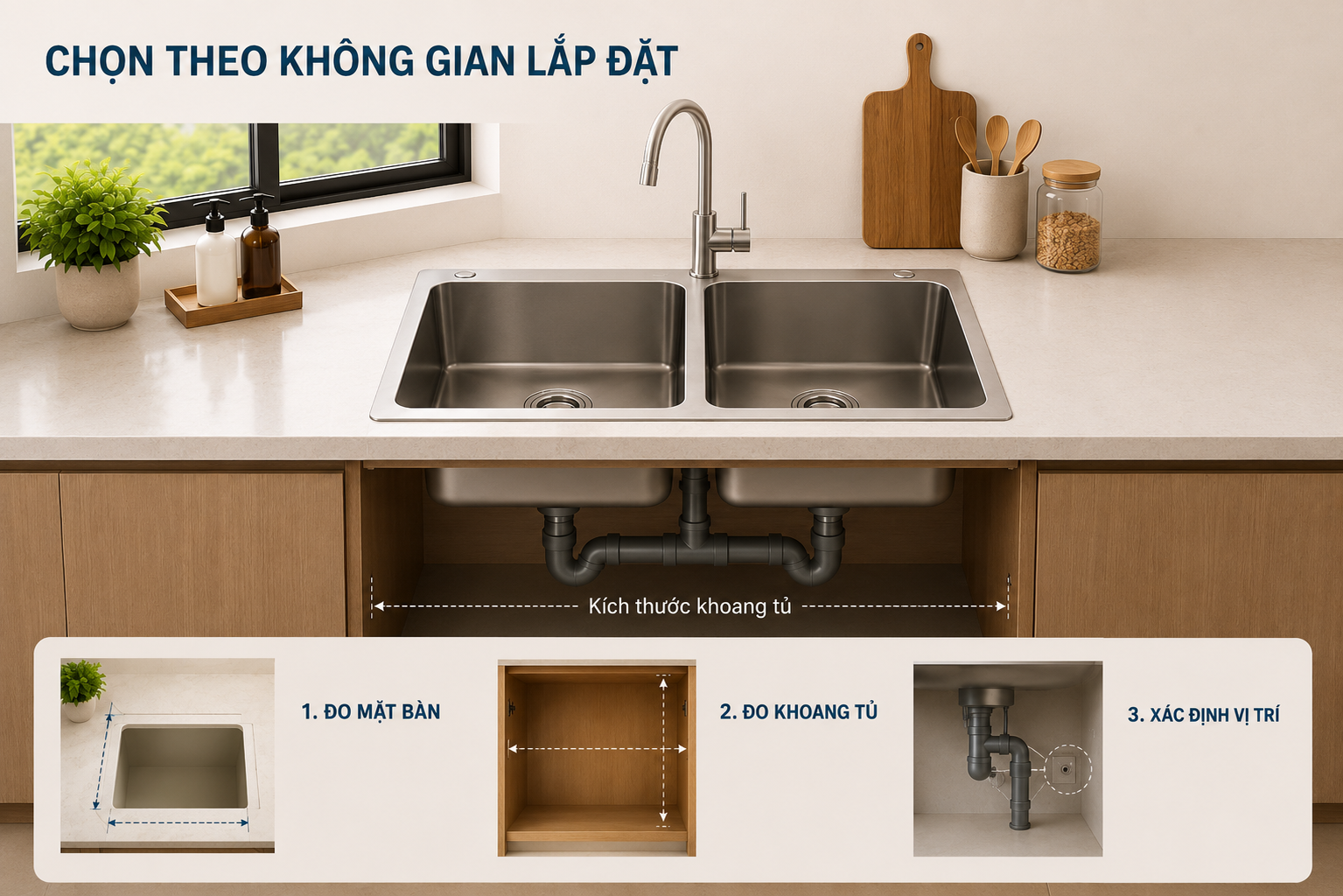 Kích thước chậu cần phù hợp với mặt bàn và khoang tủ để bảo đảm lắp đặt thuận tiện