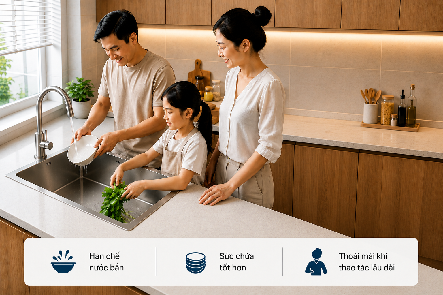 Lòng chậu rộng giúp thao tác rửa và sơ chế thực phẩm thuận tiện hơn