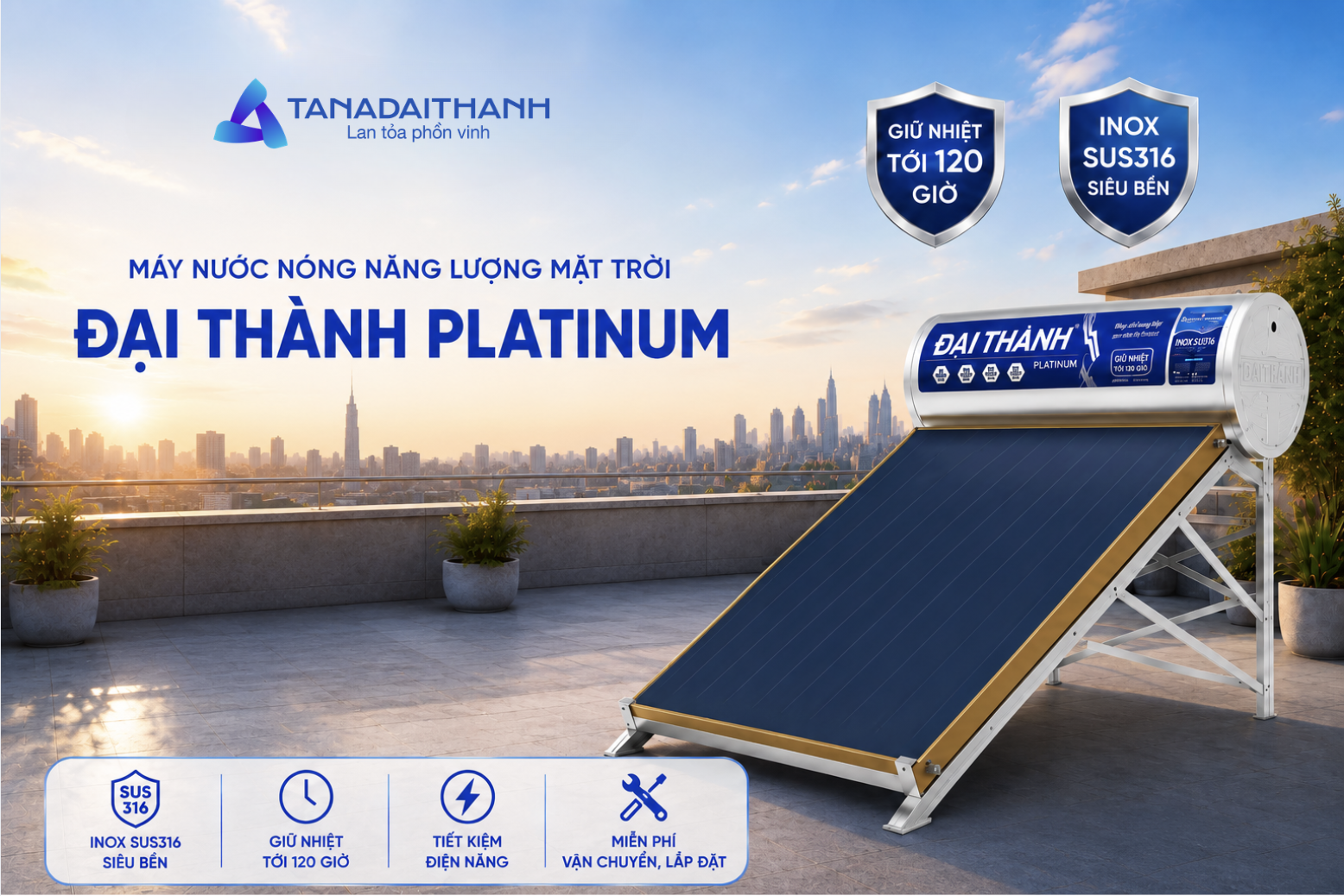 Thiết kế máy nước nóng năng lượng mặt trời tấm phẳng liền mạch giúp Đại Thành Platinum của hệ thống nước nóng năng lượng mặt trời hài hòa với kiến trúc nhà phố, biệt thự và công trình cao cấp