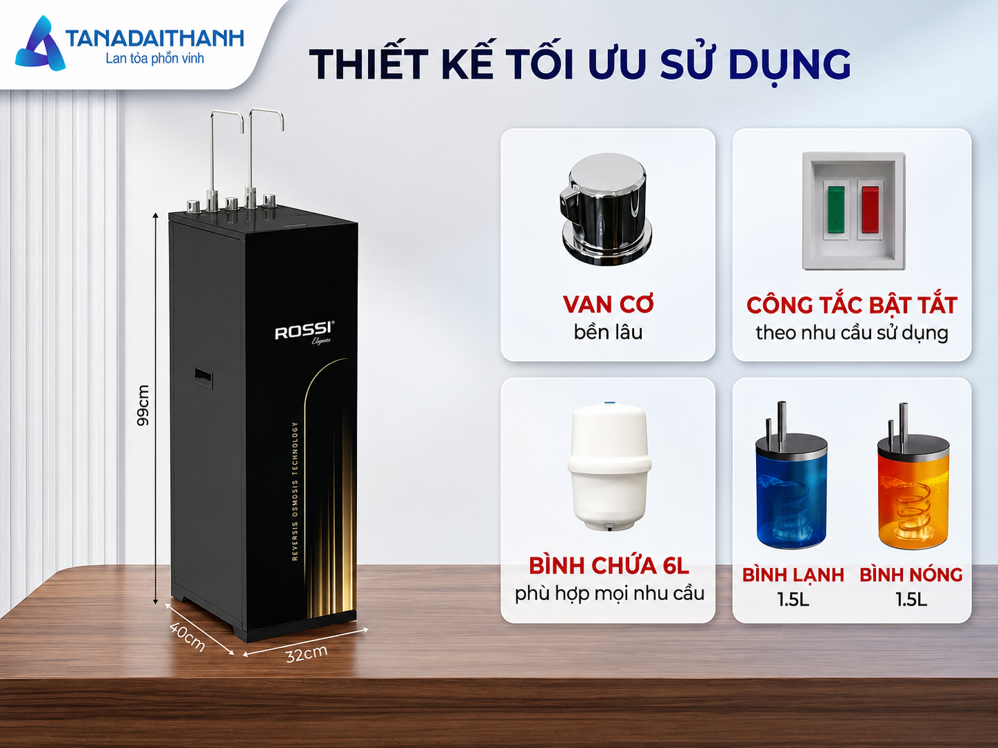 Rossi Eleganz TA-112S2 cung cấp linh hoạt nước nóng, lạnh và RO cho nhiều mục đích sử dụng