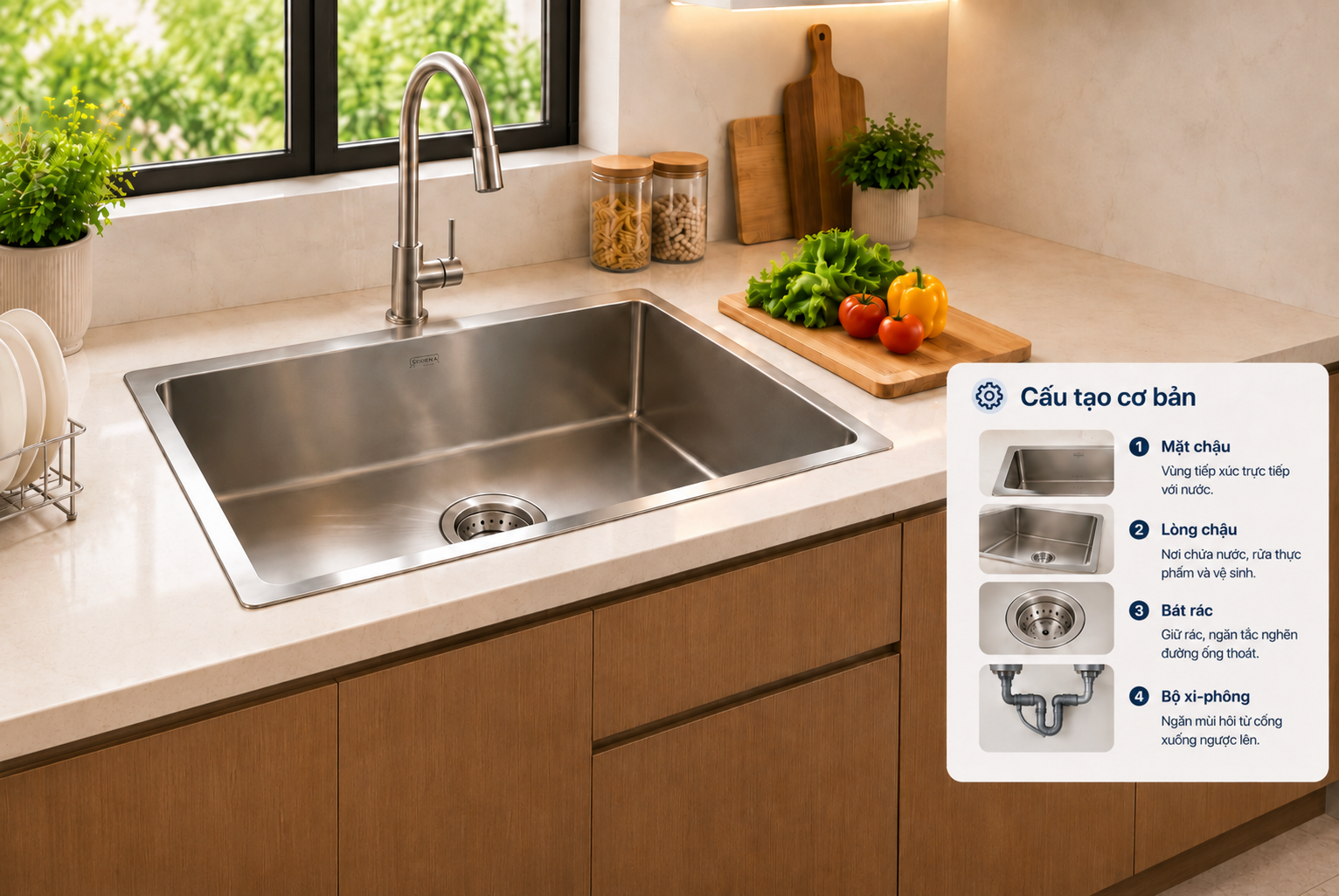 Các bộ phận của chậu rửa giúp quá trình vệ sinh và thoát nước diễn ra thuận tiện hơn